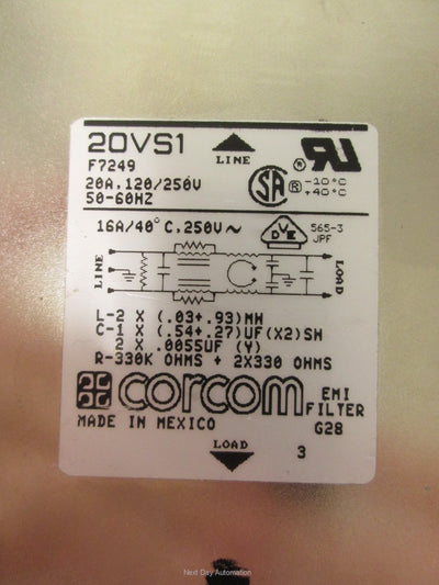 Used Corcom 20VS1 Line Filter 120/250VAC 20A 50/60Hz 1PH Spade Terminals