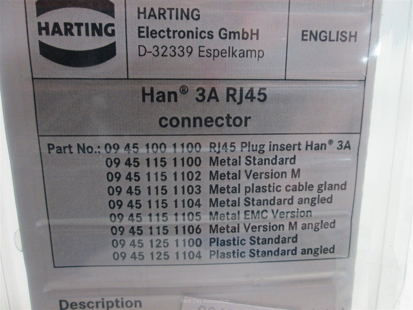 Used Harting 09 45 100 1100 Data Connector Kit, Ethernet RJ45