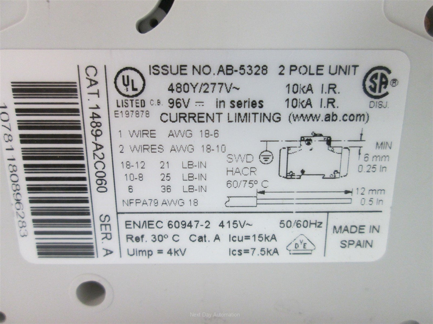 Used Allen-Bradley 1489-A2C060 Circuit Breaker, 2-Poles, 480Y/277VAC, 96VDC, 6 Amp