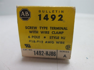 New Allen Bradley 1492-HJ86 Screw Terminal With Wire Clamp, 6 Pole, #18-#12 AWG