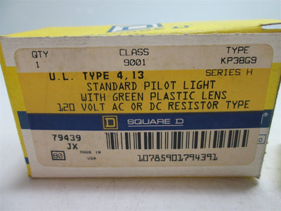New Square D 9001 KM38G9 Pilot Light With Green Lens, Voltage: 120VAC/DC
