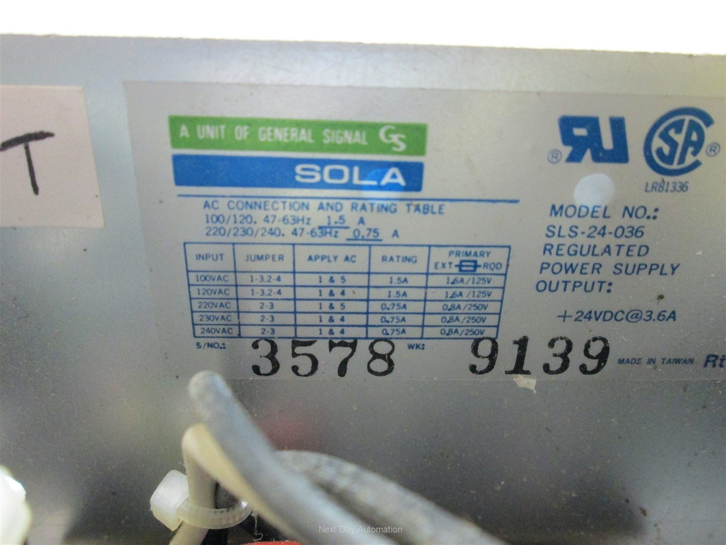 Used Sola SLS-24-036 Power Supply, Input: 100/120/220/230/240VAC, Output: 24VDC 3.6A