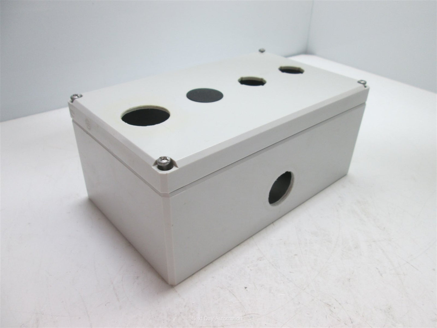 Used Hoffman Q-4PBPCDM Enclosure, 200mm x 120mm x 87mm, *5 Holes* (1 with plug)