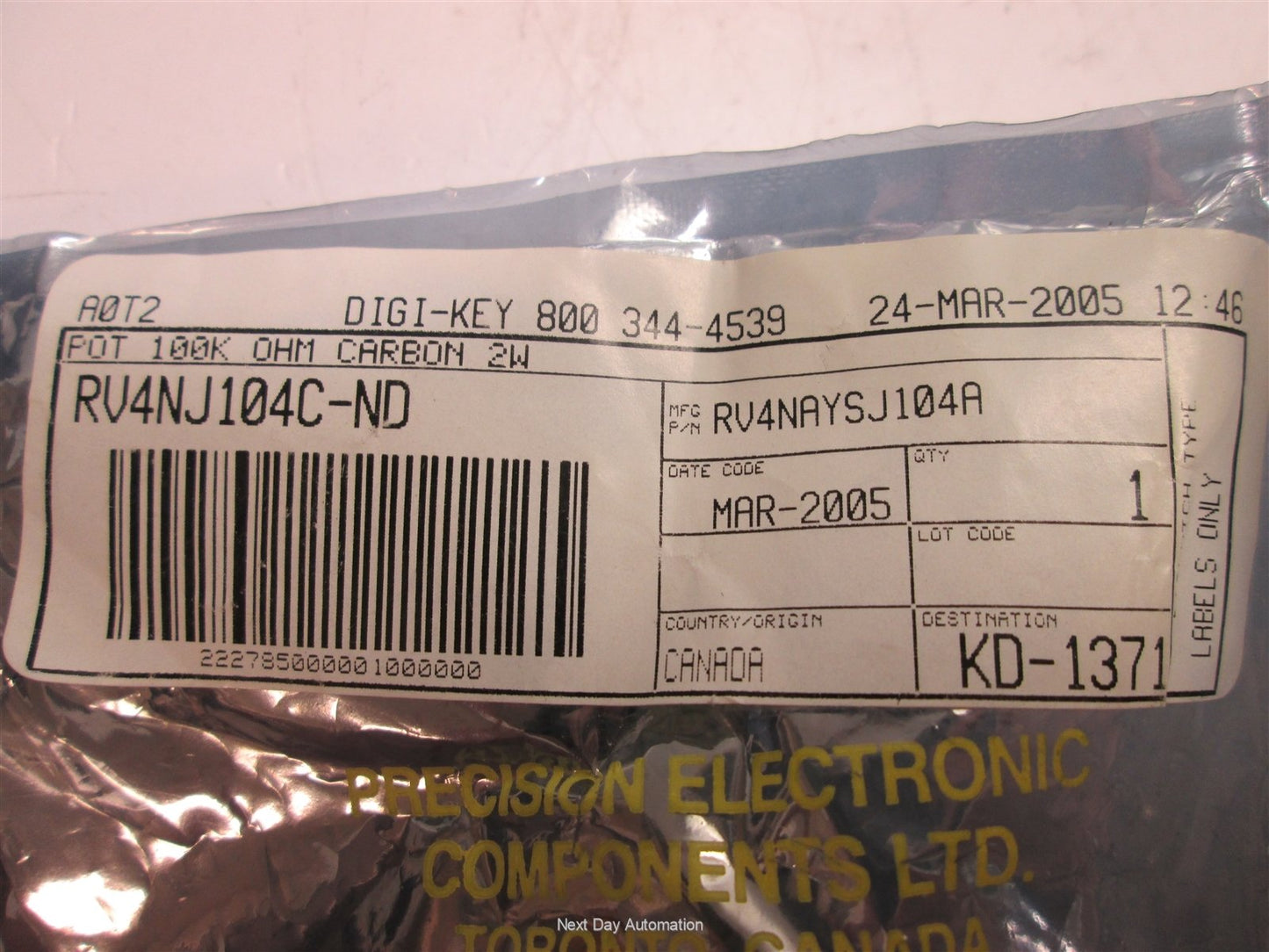 New Lot of 16 New Precision RV4NJ104C-ND Rotary Potentinometers, Shaft Length: 2"