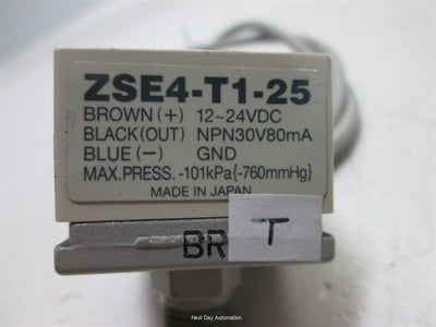 Used SMC ZSE4-T1-25 Vacuum Sensor, Power: 12-24VDC, Pressure: 0 to -101kPa (-760mmHg)