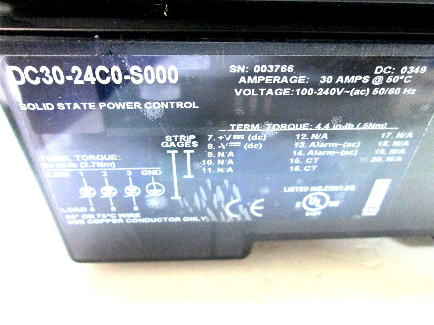 Used Watlow DC30-24C0-S000 Solid-State 30A Power Controller 120-240VAC 3PH, 4.5-32VDC