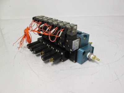 Used Bank of 7 MAC 45A-MAJ-DDAJ-2KE, 45A-AG-DDAJ-1KE Solenoid Valves *Missing Knobs*