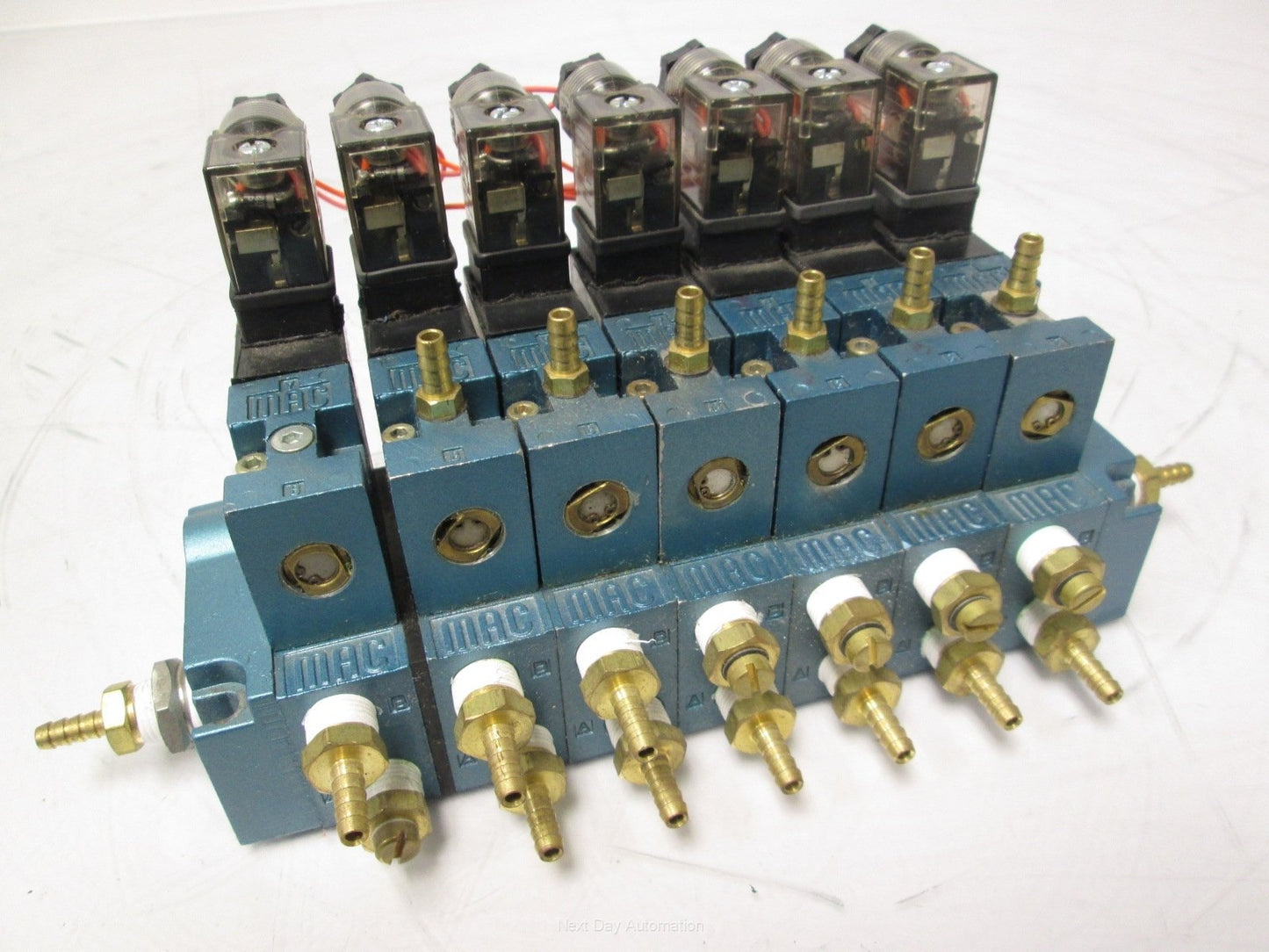 Used Bank of 7 MAC 45A-MAJ-DDAJ-2KE, 45A-AG-DDAJ-1KE Solenoid Valves *Missing Knobs*