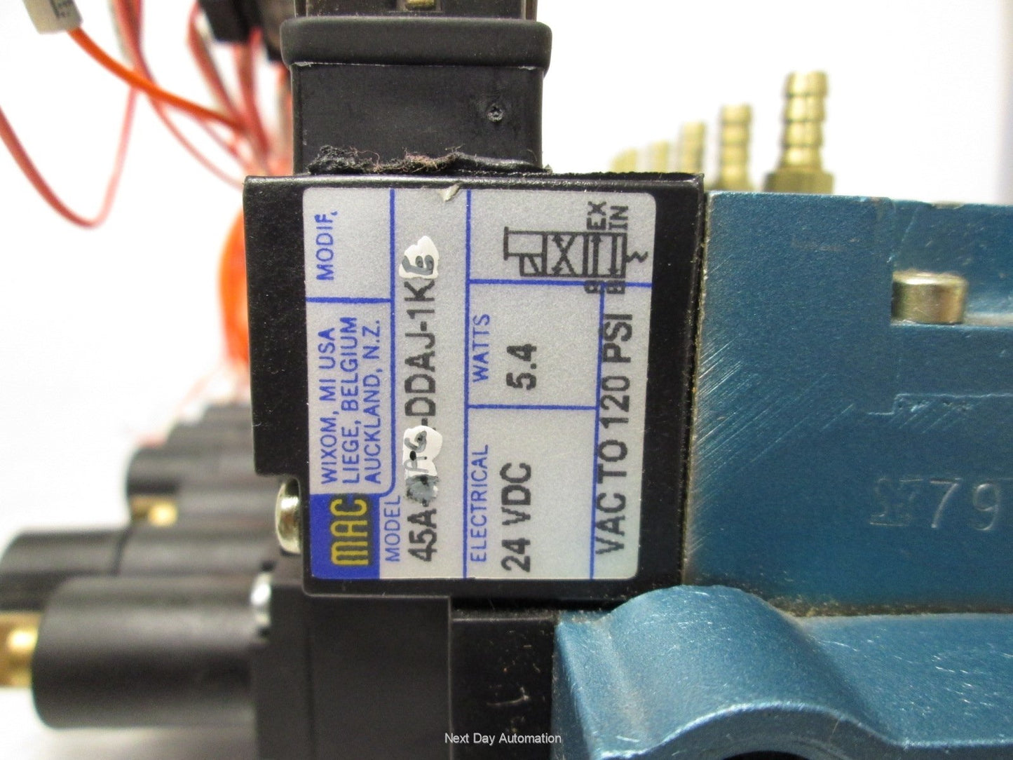 Used Bank of 7 MAC 45A-MAJ-DDAJ-2KE, 45A-AG-DDAJ-1KE Solenoid Valves *Missing Knobs*
