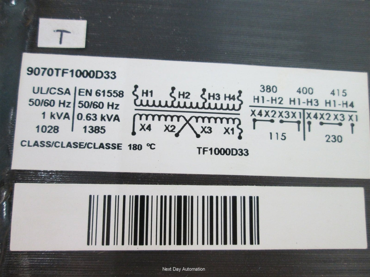 Used Square D 9070TF1000D33 Transformer, Primary: 380/400/415V, Secondary: 115/230V