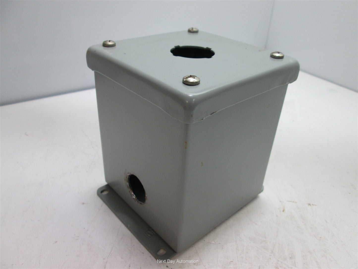 Used Hoffman E1PBX Pushbutton Enclosure, 4" x 4" x 4.75", *Hole Added to Side*