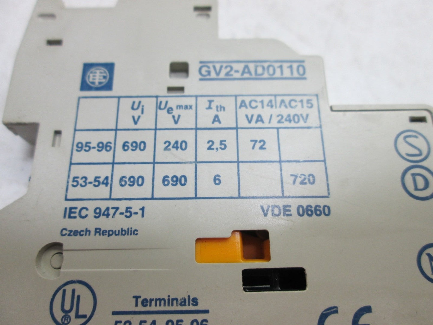 Used Telemecanique GV2-AD0110 Auxiliary Contact, Side Mount, N/C and N/O