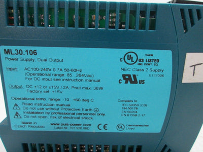 Used Puls ML30.106 Power Supply, Input: 100-240VAC 50/60Hz, Output: ±12 or ±15VDC