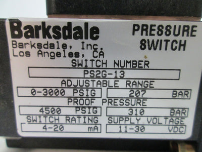 Used Barksdale PS2G-13 Pressure Switch, Voltage: 11-30VDC, Adj Pressure: 0-3000psi
