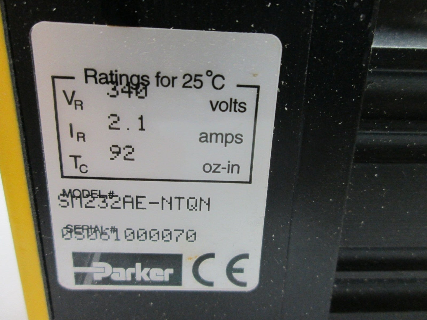 Used Parker Compumotor SM232AE-NTQN Servo Motor, 340V 2.1AMPS, Torque: 92oz-in