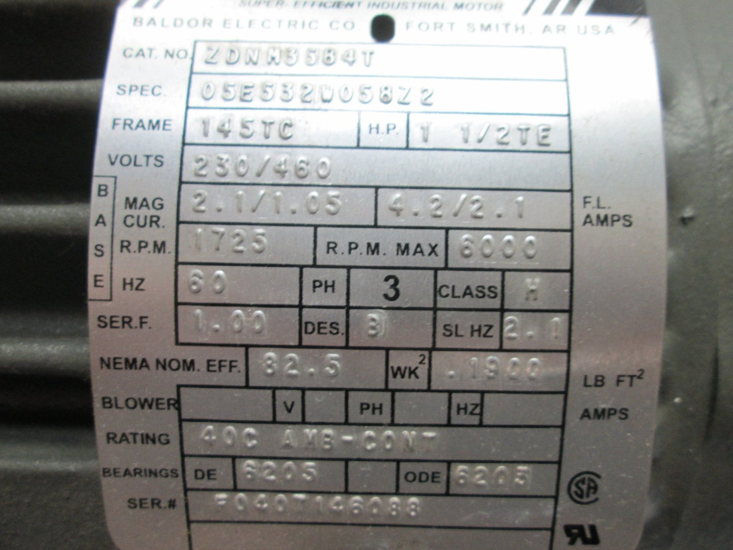 Used Baldor ZDNM3584T Electric Vector Motor, 7/8" Shaft, With HS25 Optical Encoder