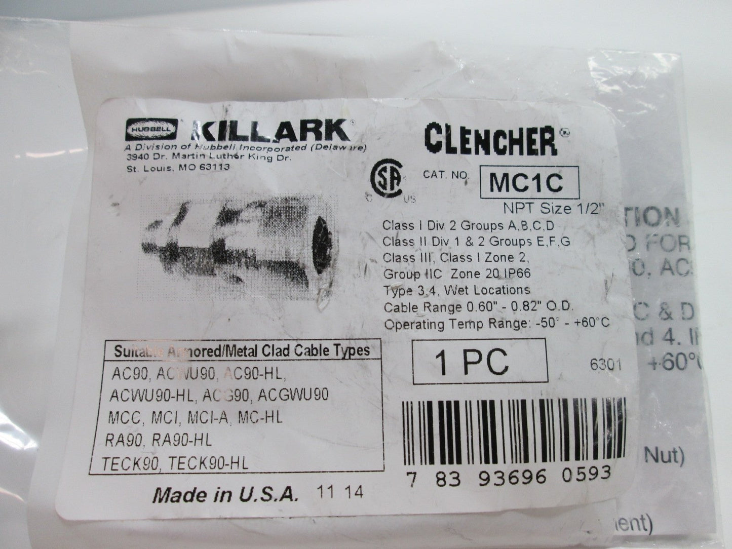 New Hubbell MC1C Cable Gland For Metal Clad Cable, Connection Size: 1/2" NPT