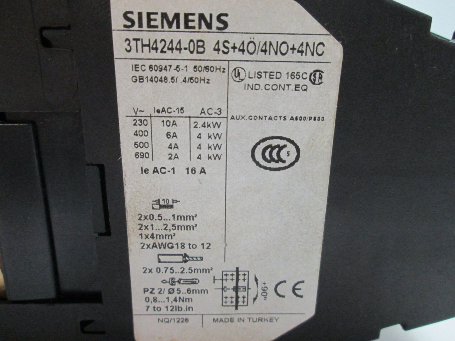 Used Siemens 3TH4244-0B Contactor, 4-Pole, Contacts: 4x N/O 4x N/C, Coil: 24VDC