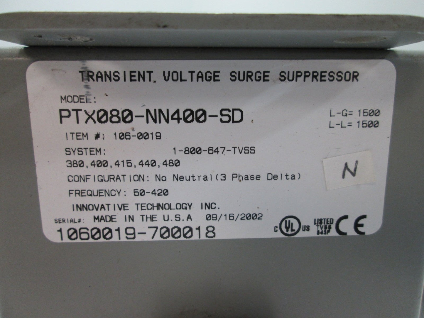 Used Eaton PTX080-NN400-SD Surge Protective Device, Peak Surge Current: 80kA/Phase