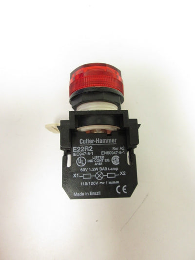 Used Cutler Hammer E22R2 Red Pilot Light Indicator 120VAC/DC Line 60V 1.2W Lamp