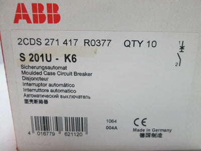 New Box of 10 ABB S201U-K6 Circuit Breakers, 1-Pole, Rating: 240VAC 6A