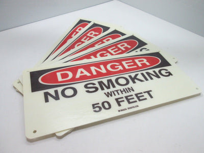 New Lot of 5 New Brady "Danger No Smoking Within 50 Feet" Signs, 14" x 6.5"