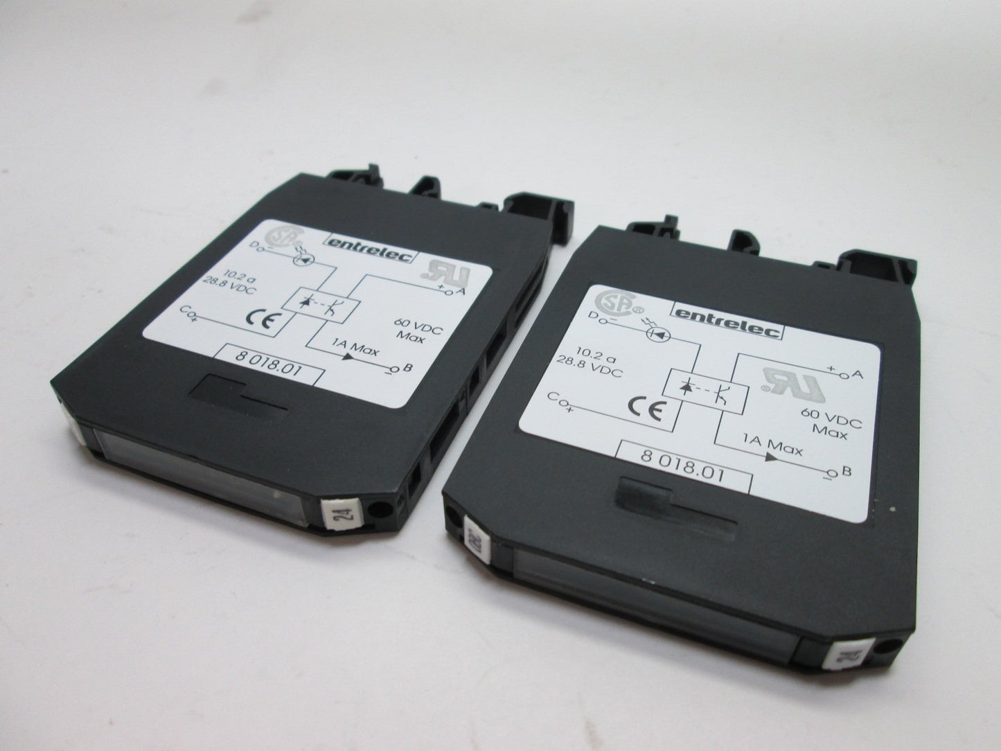 Used Lot of 2 Entrelec 8018.01 Optocoupler Modules, In: 28.8VDC 10.2A, Out: 60VDC 1A