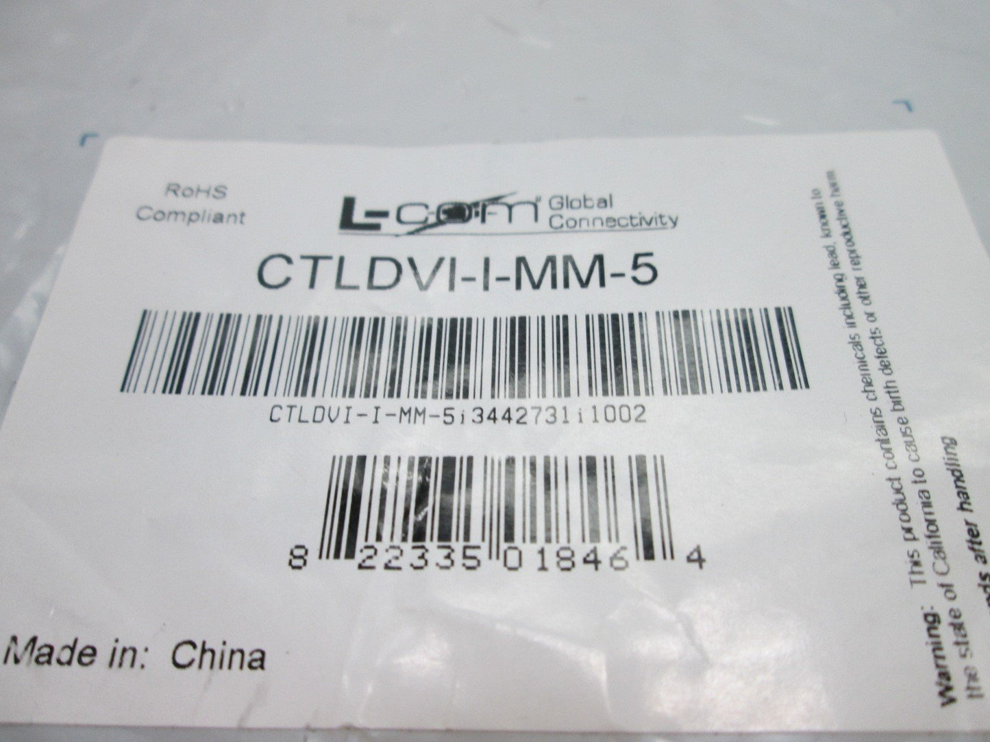 New – Open box L-Com CTLDVI-I-MM-5 Single Link DVI Cable, Male to Male, 5 Feet Long