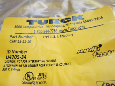 New Turck CSM 12-11-10 Cordset Cable M23 12-Pin Male to Flying Leads, 10m, 300V 6A