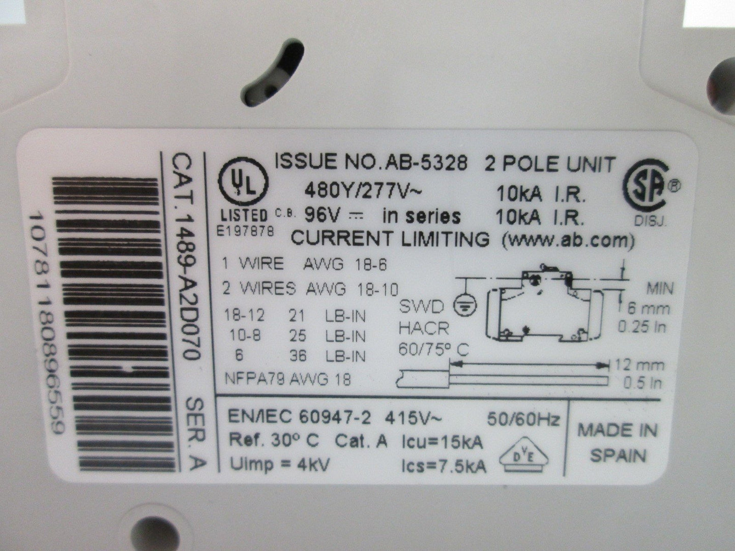 Used Allen Bradley 1489-A2D070 Circuit Breaker, 2-Pole, Rating: 480Y/277VAC/48VDC 7A