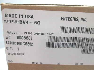 New Entegris BV4-6Q Magnaflo Plug Valve, 1/4-Turn, 3/8" Quikgrip Tube PTFE