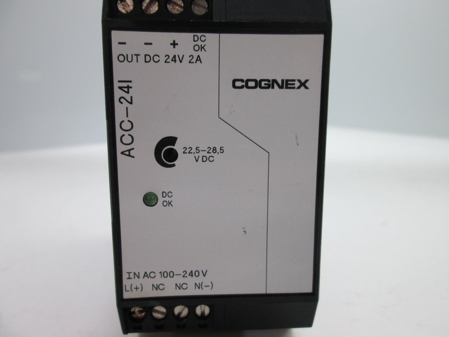 Used Cognex ACC-24I Power Supply, Input: 100-240VAC/90-350VDC, Output: 24VDC 2A