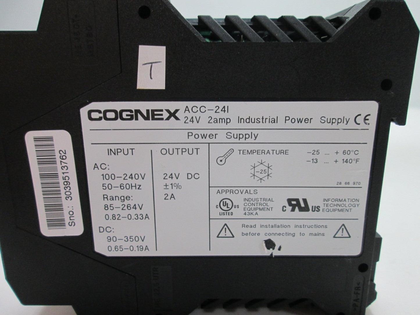 Used Cognex ACC-24I Power Supply, Input: 100-240VAC/90-350VDC, Output: 24VDC 2A