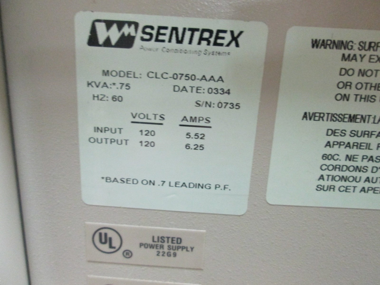 Used Sentrex CLC-0750-AAA Line Conditioner, Input: 120V 5.52A, Output: 120V 6.25A