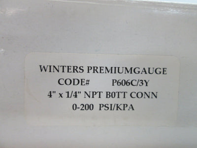 New In Box Winters P606C/3Y Pressure Gauge, Range: 0-200psi (0-1379kPa)