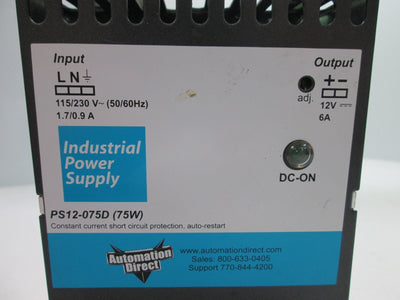 Used Automation Direct PS12-075D Power Supply, Input: 115/230VAC, Output: 12VDC 6A