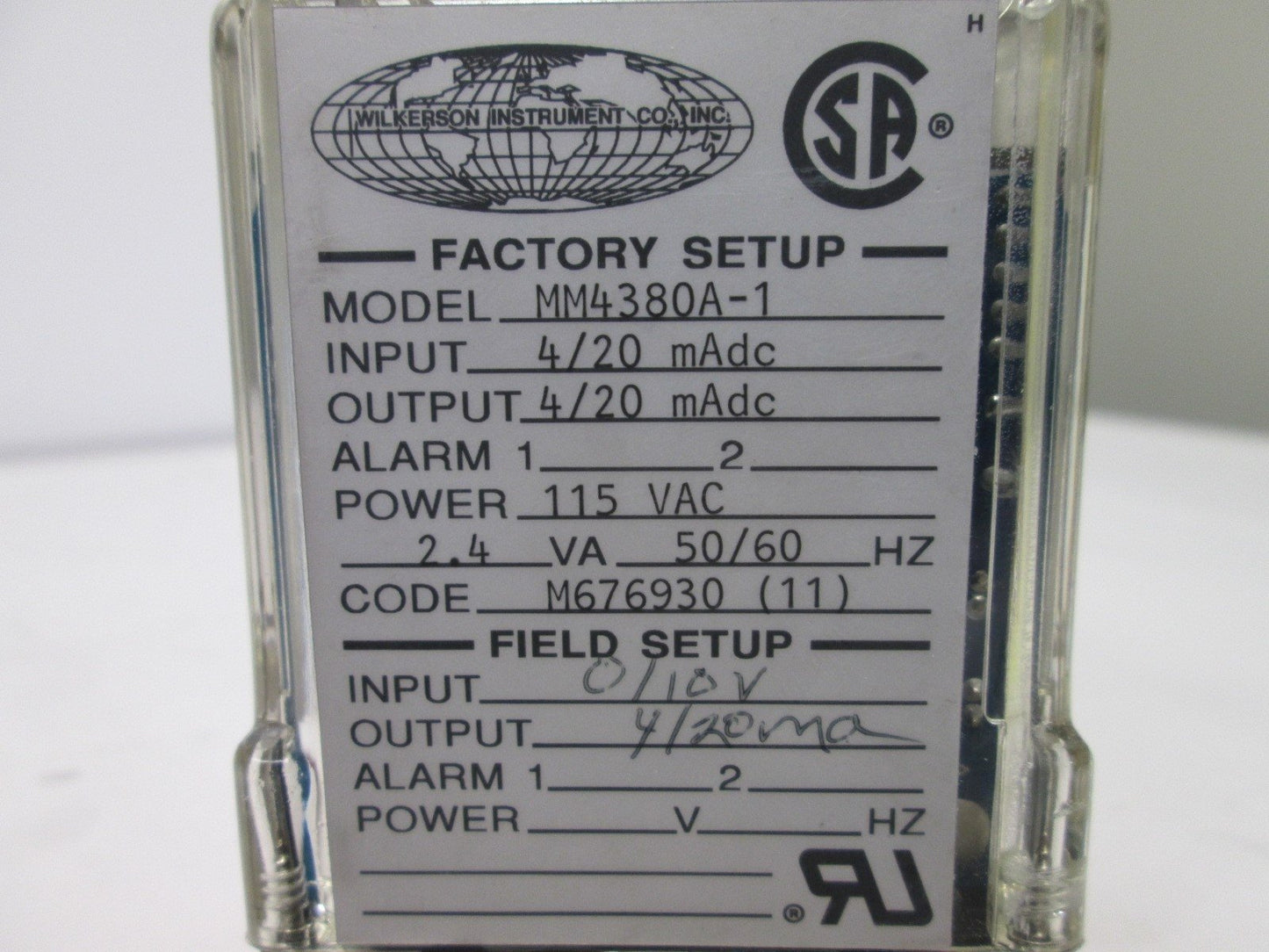Used Wilkerson MM4380A-1 Isolated Transmitter, Power: 115VAC 2.4VA 50/60Hz