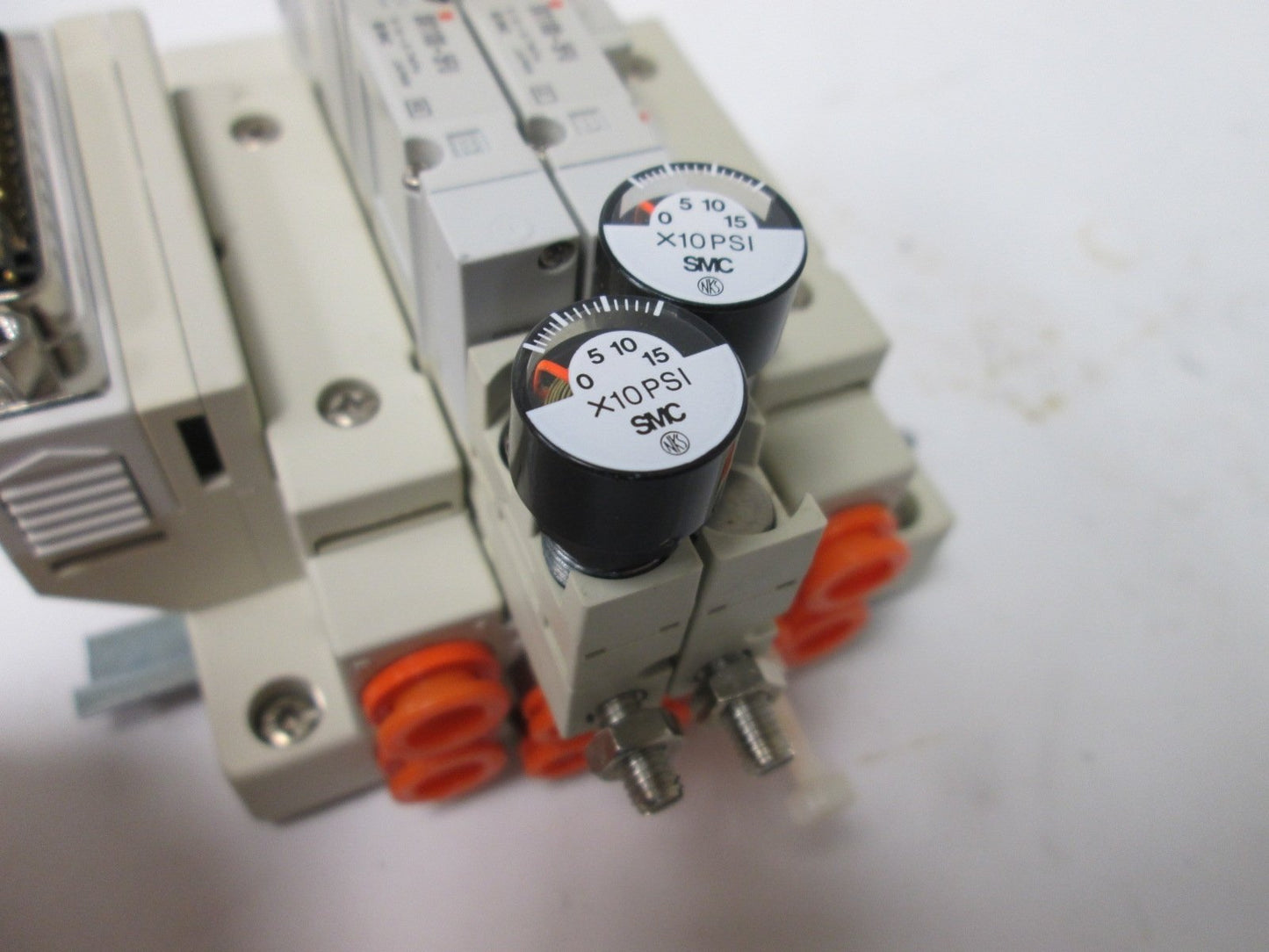 Used Bank of 3 SMC SV1100-5FU Solenoid Valves, With 2x Regulators With 150psi Gauges