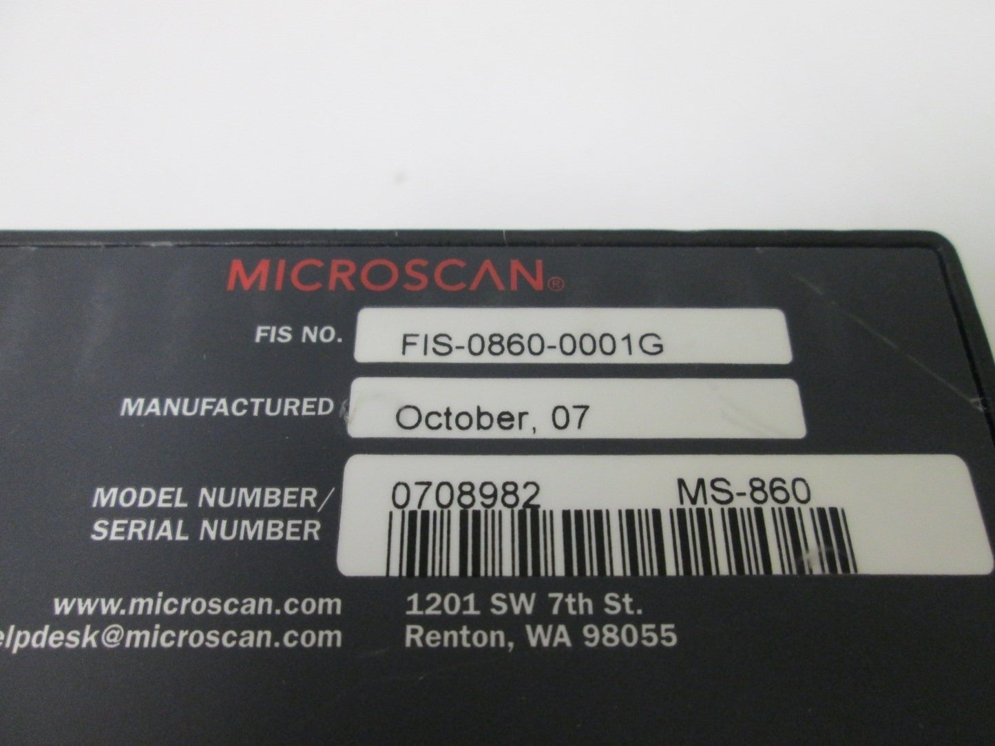 Used Microscan FIS-0860-0001G Barcode Scanner, Supply Power: 10-28VDC 5W Max