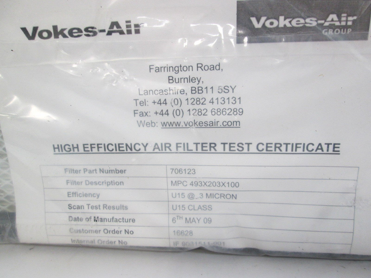 New Vokes-Air 706123 Clean Room Filter, 493 X 203 X 100mm, 99.9% Efficiency