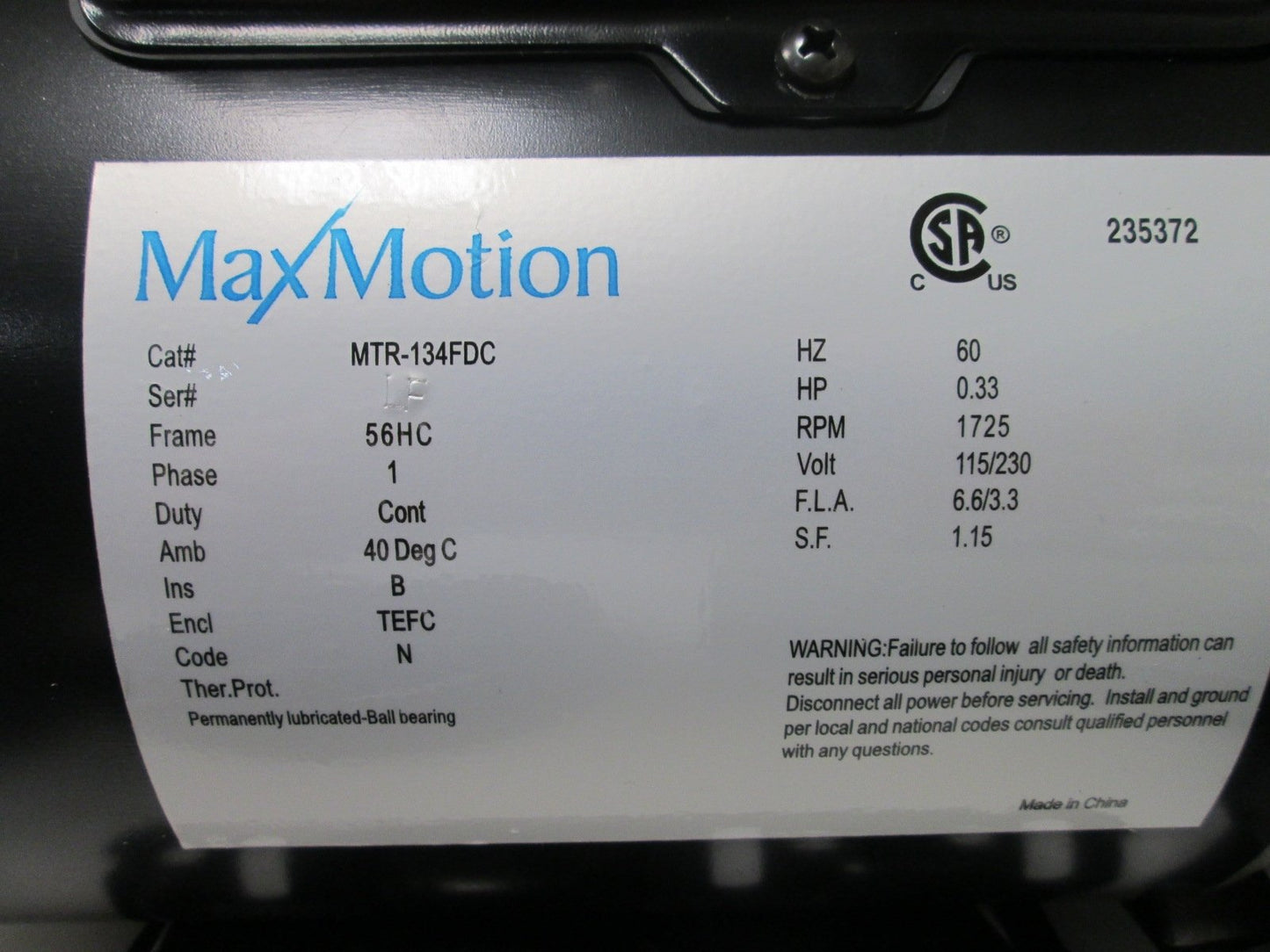 New Max Motion MTR-134FDC AC Motor, Voltage: 115/230VAC 60Hz, Speed: 1725RPM