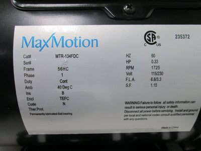 New Max Motion MTR-134FDC AC Motor, Voltage: 115/230VAC 60Hz, Speed: 1725RPM