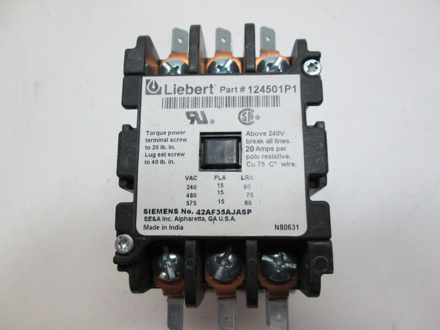 Used Emerson Liebert 124501P1 Contactor 3 Pole 24VDC Coil 50/60Hz 15/20 Amp 240VAC