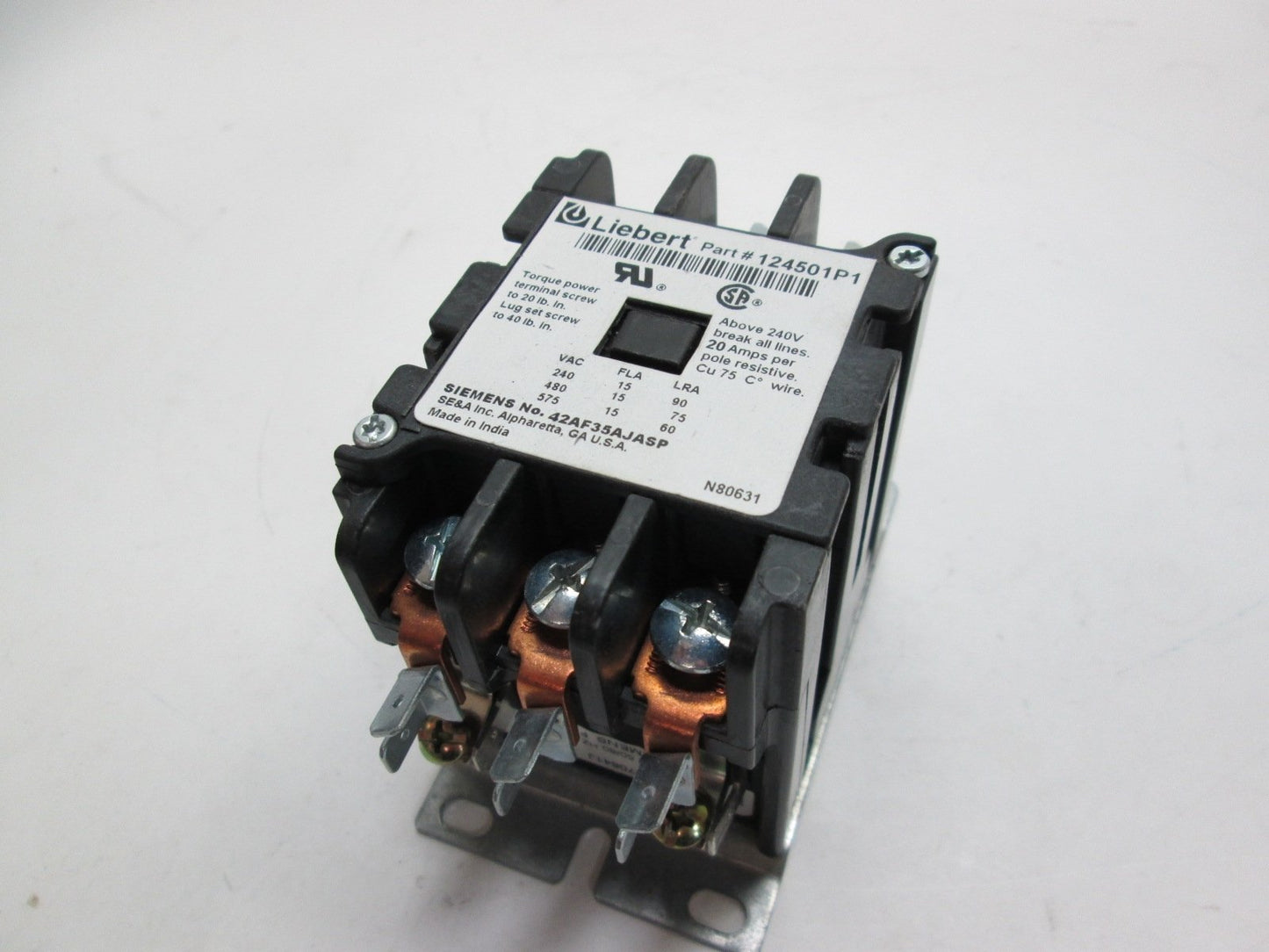 Used Emerson Liebert 124501P1 Contactor 3 Pole 24VDC Coil 50/60Hz 15/20 Amp 240VAC