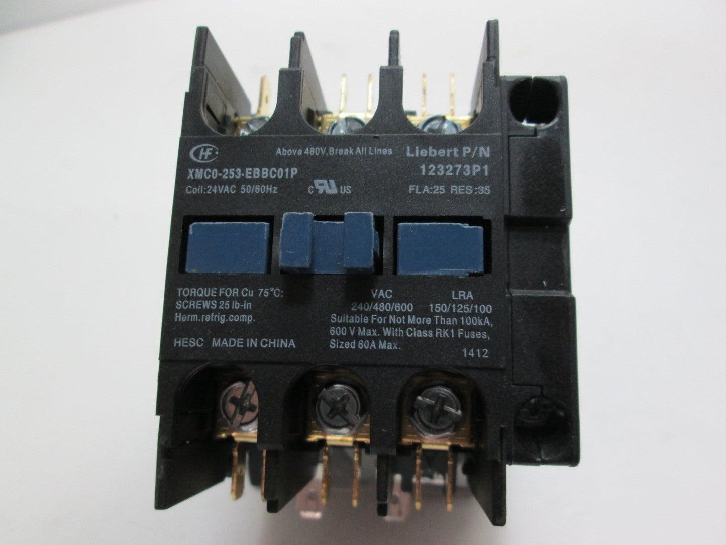Used Liebert Contactor 123273P1 240-600VAC 24VAC Coil 50/60HZ 3 Pole w/Contact C03A11