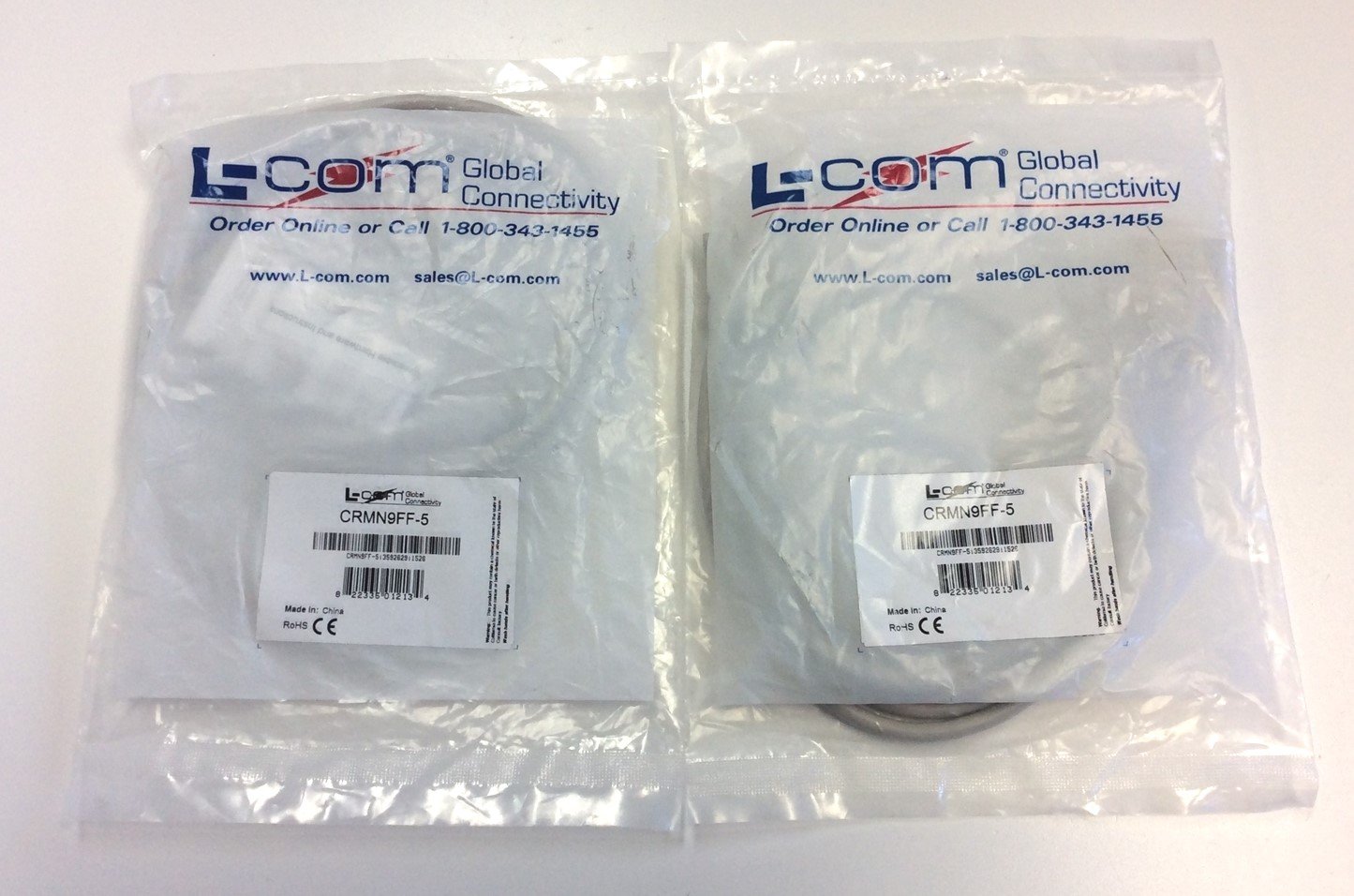 New Lot of 2 L-Com Global Connectivity CRMN9FF-5 DB9 Female Computer Cables 5 Feet