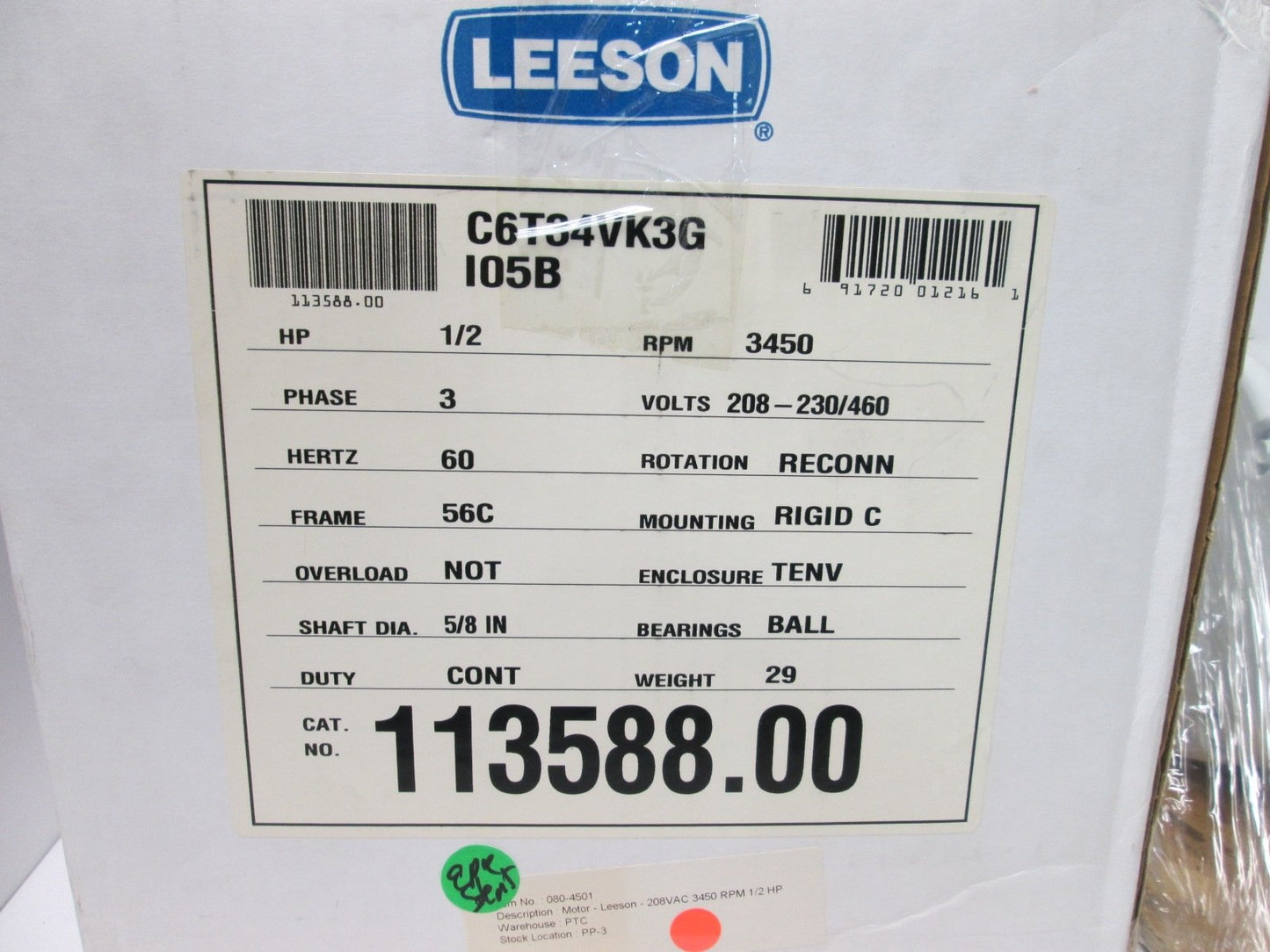 New Leeson 113588.00 Electric Motor, Voltage: 208-230/460V, Speed: 3450RPM