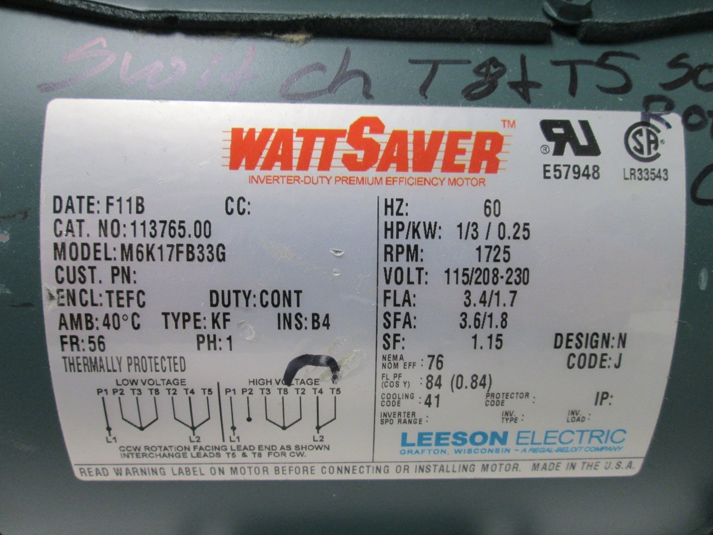 Used Leeson M6K17FB33G AC WattSaver Motor, Voltage: 115/208-230V, Current: 3.4/1.7A