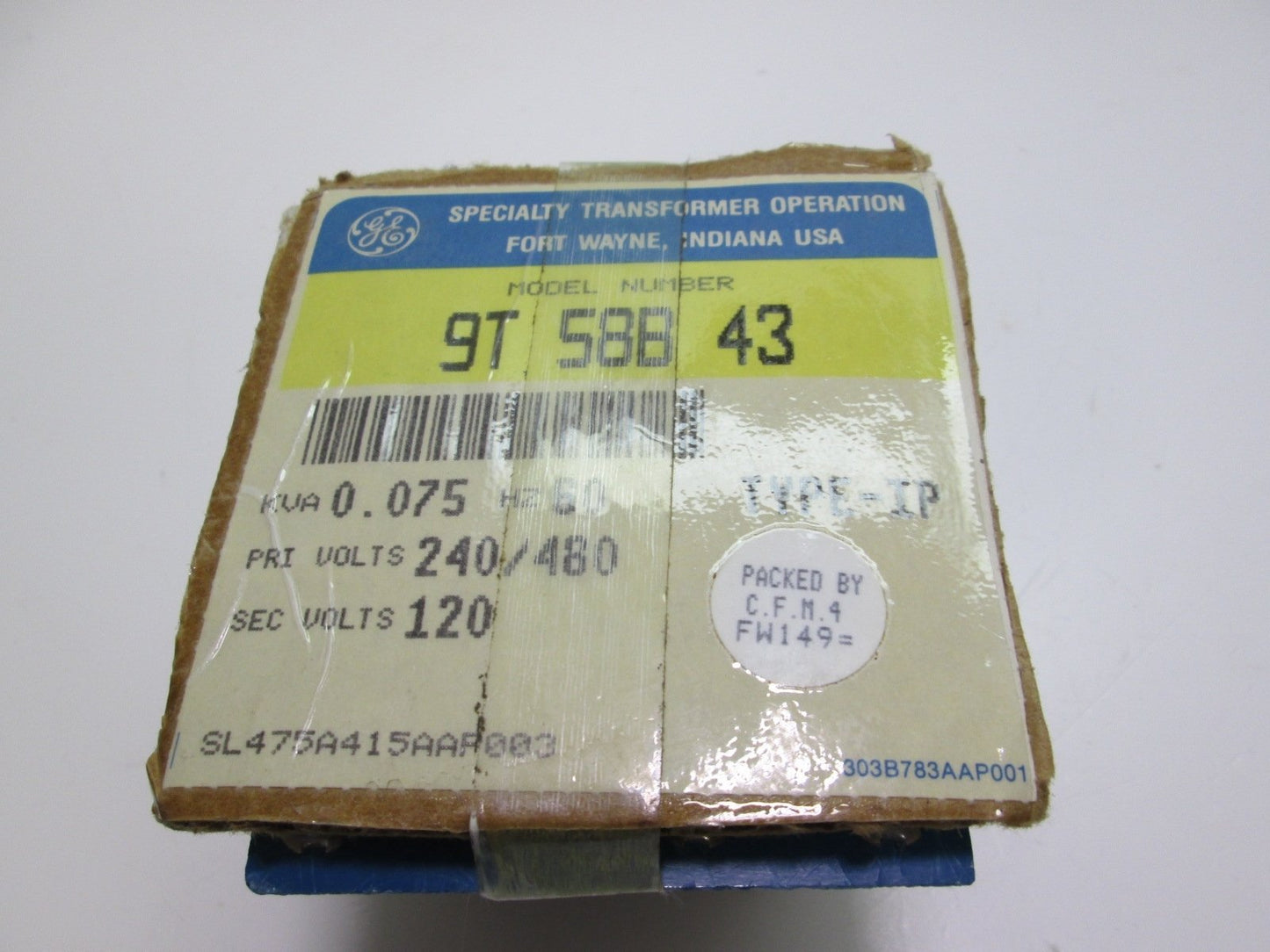 New – Open box General Electric 9T 58B 43 0.075 KVA AC Transformer Primary 240/480VAC 120 Out