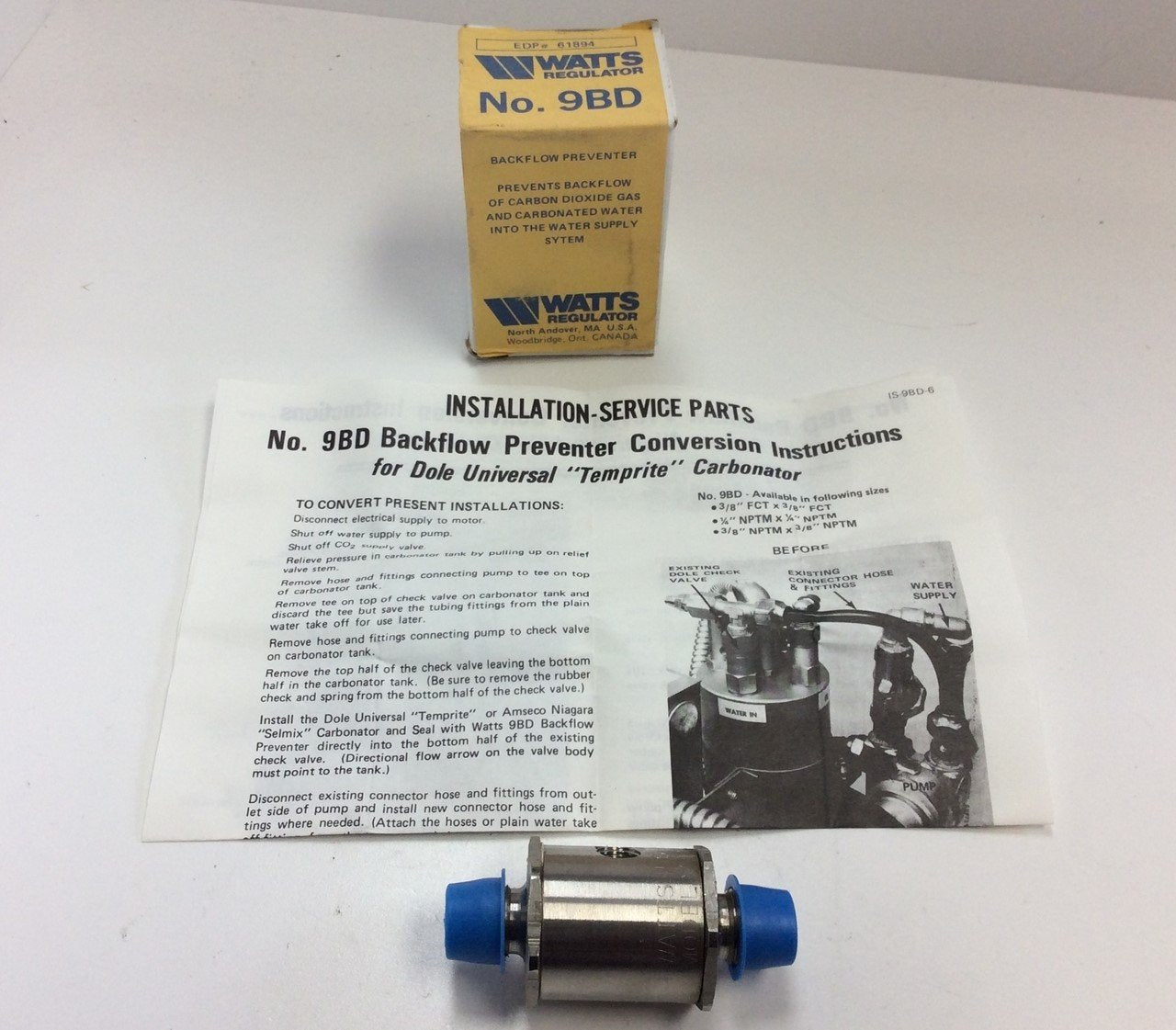 New Watts No. 9BD EDP# 61894 Backflow Preventer Water CO2 Gas Stainless Steel